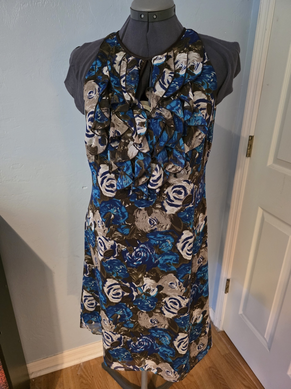 Ann Taylor Factory Blue Floral Ruffle-Neck Dress